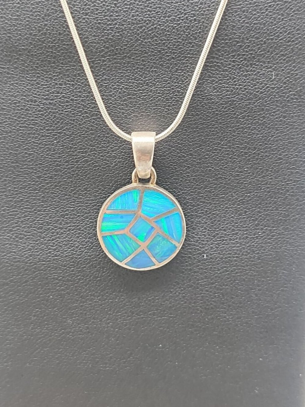 Sterling Silver Inlaid Blue Opal Pendant Necklace 16" Chain Signed ind0925 - Picture 4 of 16